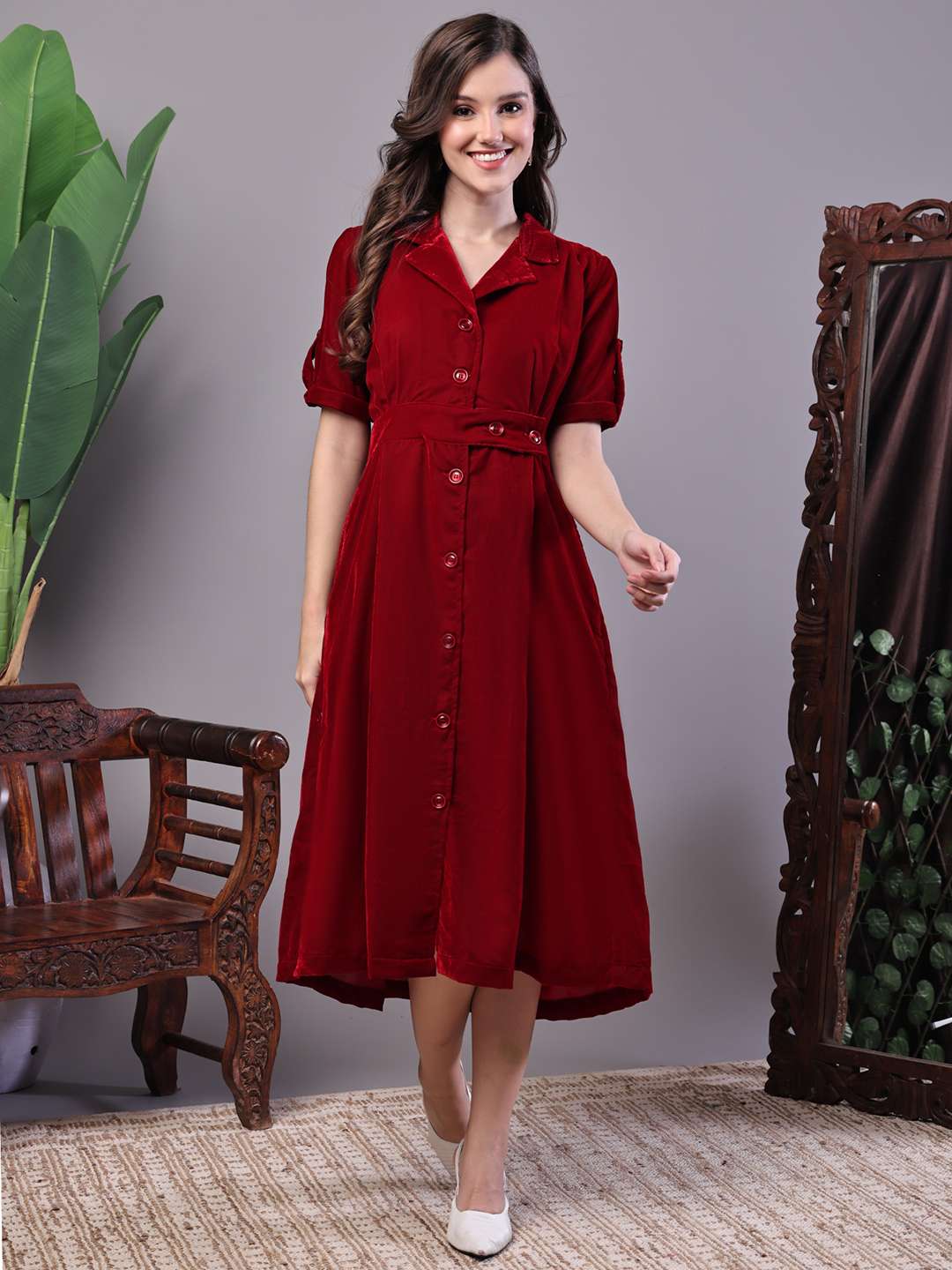 Women's Maroon Velvet Solid Printed Shirt Midi Dress with Belt