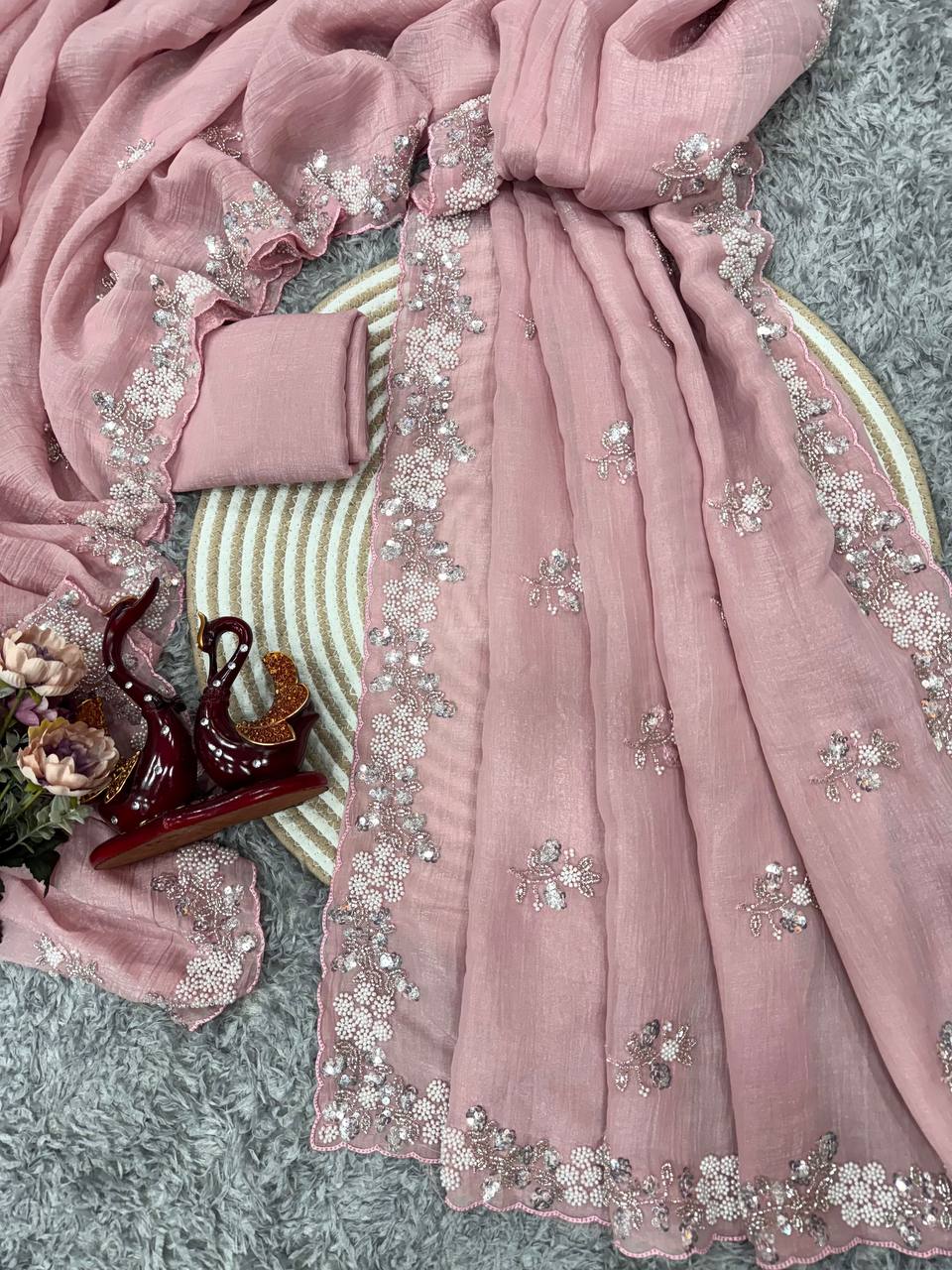 Women's Soft Pink Organza Saree with Delicate Pearl & Sequin Floral Embroidery – Lightweight Sheer Drape for Festive, Wedding & Party Wear - Image 8